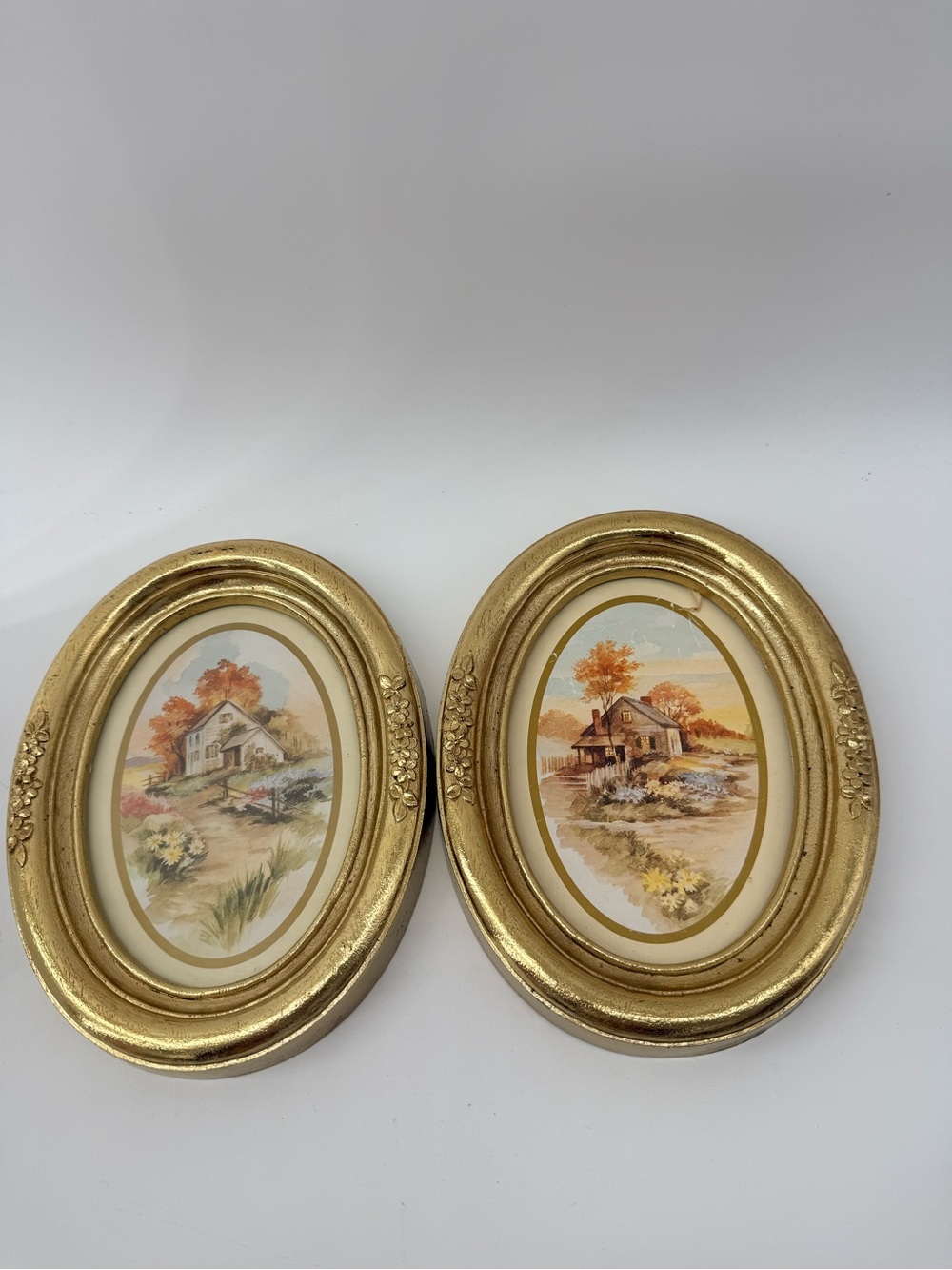 Pair of Gold Oval Wall Frames with Autumn Cottage Prints